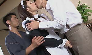 Enticing Japanese maid unequalled likes having her hairy pussy licked