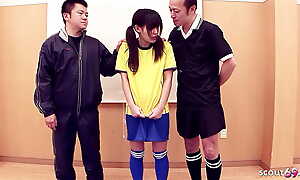 Petite Japanese Schoolgirl seduce to Double Creampie Sex in 3Some by old Guys